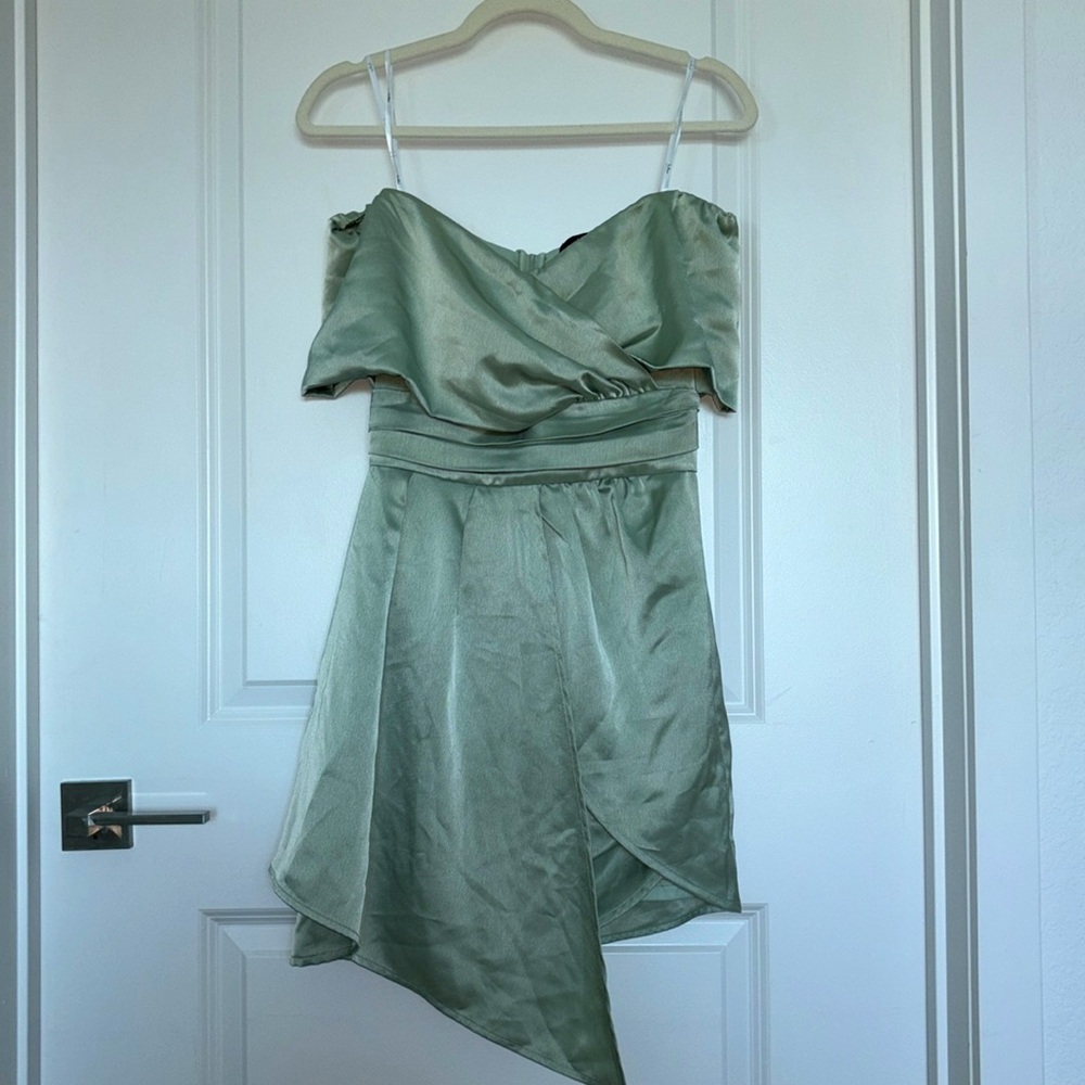 Always Celebrating Sage Green Satin Off-the-Shoulder Mini Dress - Picture 4 of 4